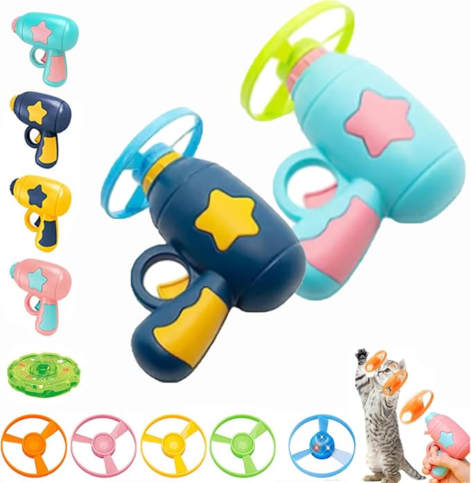 Bamboo Dragonfly Catapult Pistol, Bamboo Dragonfly Catapult Launcher, cat Fetch Toy Flying disc Saucer Launcher, Cat Fetch Toy with Colorful Flying Propellers Set (Blue+Dark Blue)