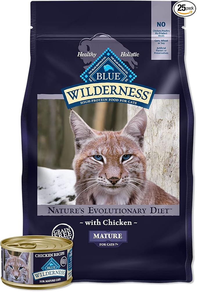 Blue Buffalo Wilderness High Protein Natural Mature Grain Free Cat Food Bundle, Dry & Wet Cat Food, Chicken (5-lb Dry + 24 x 3oz Cans)