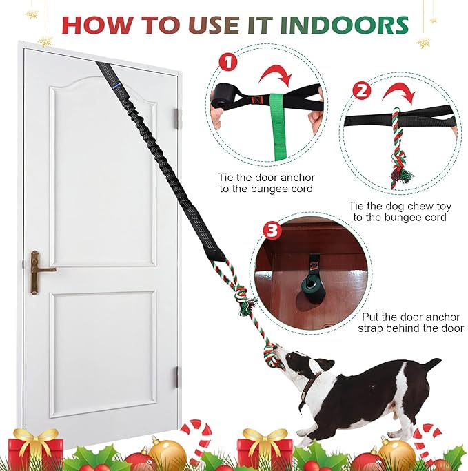 Door Anchor Dog Hanging Bungee Tug Toy for Small Dog Pull Rope and Tug of War, Indoor and Outdoor Pull Interactive Toy, Durable Retractable Tugger Dog Rope Toy with 2 Chew Toys