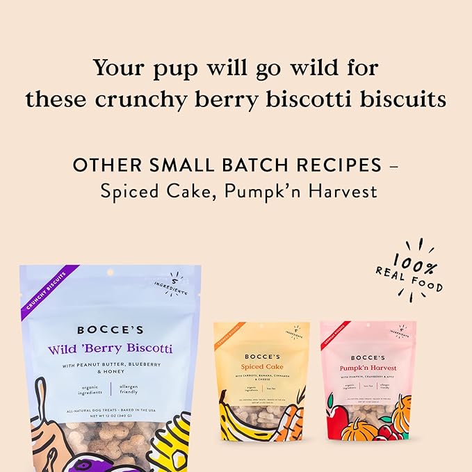 Bocce's Bakery All-Natural, Small Batch, Organic Dog Treats, Wild 'Berry Biscotti Biscuits, Wheat-Free, Limited-Ingredient, Made in The USA with 100% Recyclable Packaging, 12 oz Bag