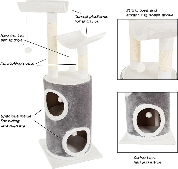 5-Tier Cat Tower with 2 Napping Perches, 2 Story Cat Condo, 2 Sisal Rope Scratching Posts, Hanging Toys – Cat Tree for Indoor Cats by PETMAKER (Gray)