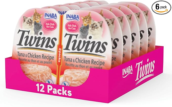 INABA Twins for Cats, Side Dish/Topper Cups, 1.23 Ounces per Serving, 12 Servings, Tuna & Chicken Recipe