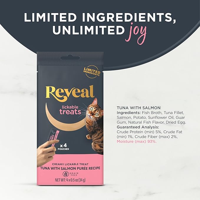 Reveal Natural Creamy Lickable Purée Cat Treats, Grain Free and Made with Limited Ingredients, Tuna Filet with Salmon Recipe Squeeze Up Cat Treats (40 x 0.5 oz Pouches)