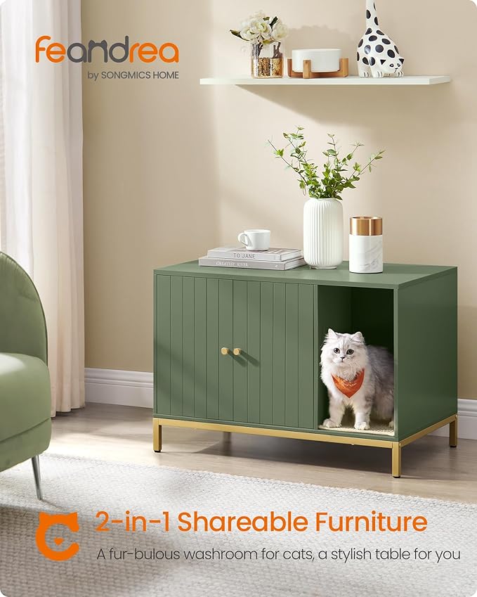 Feandrea Cat Litter Box Enclosure, Hidden Litter Box Furniture with Scratch Pad, Front Entry, Double Cabinet Doors, Modern Style, 31.5" Cat House Washroom Side End Table, Forest Green and Gold