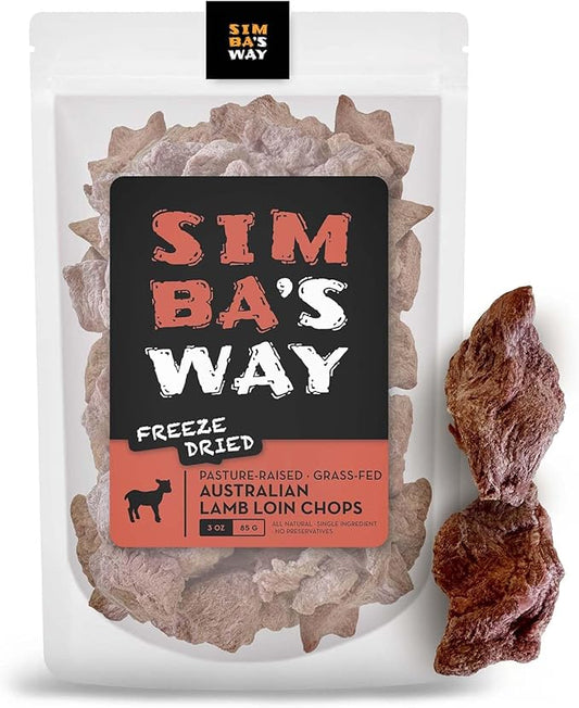 SIMBA'S WAY -Freeze Dried- RAW Australian Lamb LOIN CHOPS Dog and Cat Treats, Pasture-Raised, Grass-Fed, Human Grade, Single Ingredient, All Natural, Grain-Free, Made in The USA. [3 .oz] [1 PK]