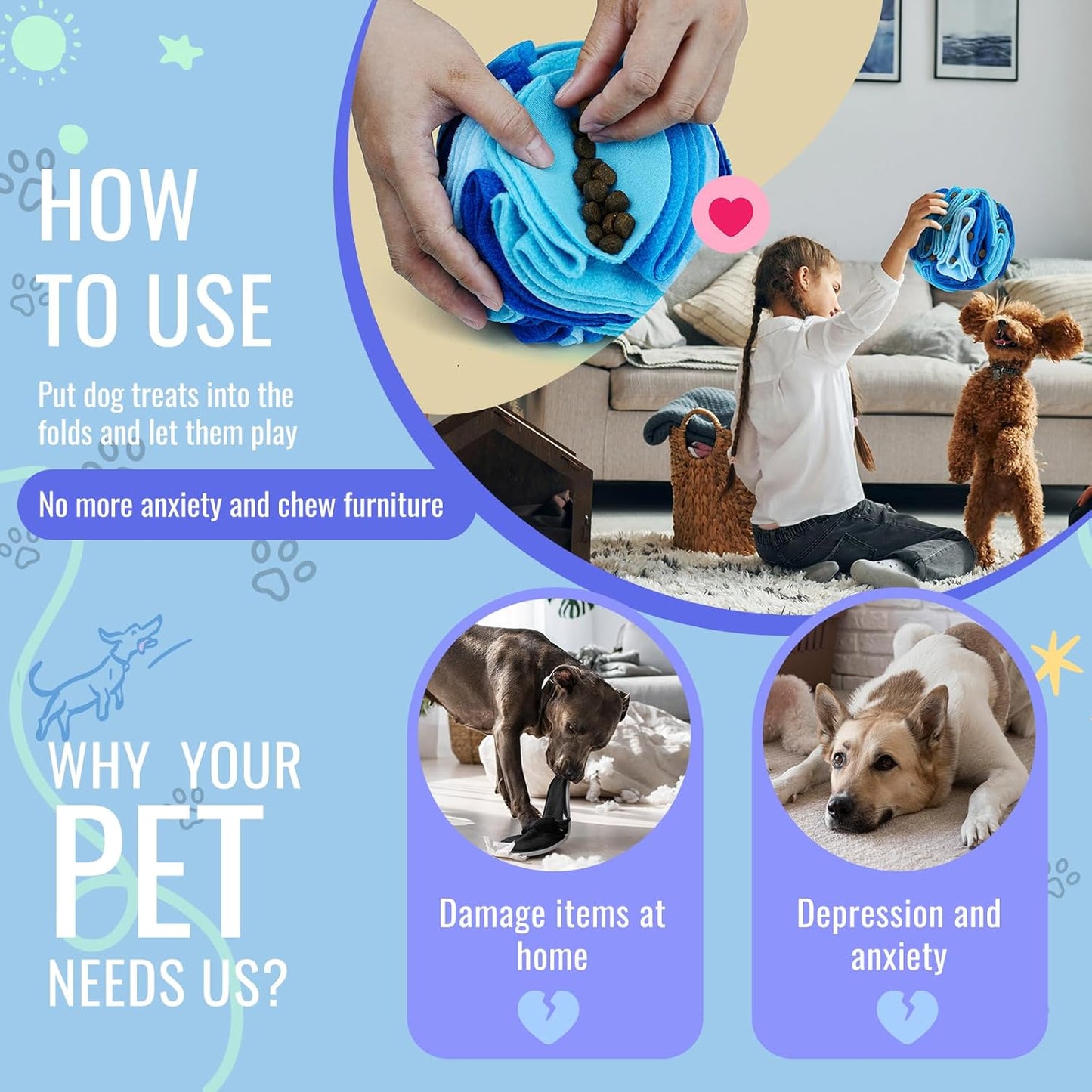 Pet Snuffle Ball, Puzzle Sniffing Interactive Dog Ball for Blind Dogs Training Stress Relief Dog Enrichment Toys Treat Machine Washable (15cm, Ocean Blue)