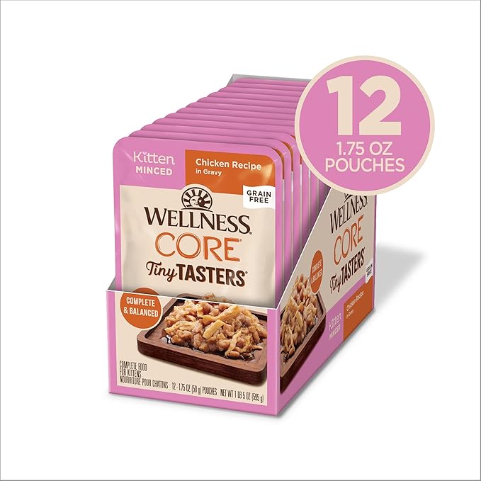 Wellness CORE Tiny Tasters Minced Kitten Wet Cat Food, Natural, Protein Rich, Grain Free, Chicken Recipe, 1.75 oz, Pack of 12 Pouches