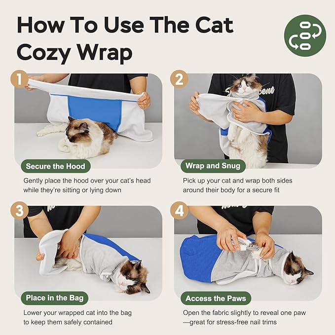 Cat Wrap for Cutting Nails, Self-Adhesive Cat Nail Clipping Restraint Bag, Anti-Scratch Cat Grooming Wrap Swaddle for Meds, SubQ Fluids, Ear Cleaning, Teeth Brushing & Vet Visits,Blue,M
