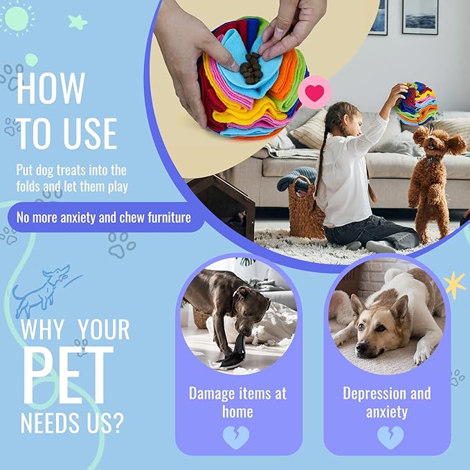 Pet Snuffle Ball, Puzzle Sniffing Interactive Dog Ball for Blind Dogs Training Stress Relief Dog Enrichment Toys Treat Machine Washable (20cm, Rainbow Color Upgrade)