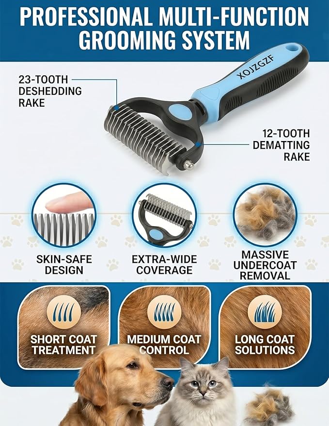 Professional Deshedding Tool for Dogs & Cats, Pet Pro Grooming Tools, Indoor Cat Double-Sided Brush Rake, Pets Hair Remover Shedding, Long Haired Dog Brushes, Undercoat Combs Supplies(Orange-L)