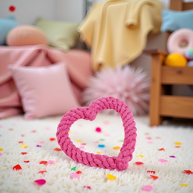 Pink Cute Dog/Cat Chew Toys, Dog Toys for Chewers, Heavy Duty Dental Dog Rope Toy for Dogs, Creative Love Heart Shaped Interactive Rope Dog Toys, Cotton Puppy Teething Chew Tug ToyPet teething toys