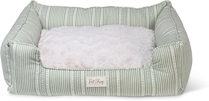 Fringe Studio Block Stripe Dusty SAGE 29" W x 24" D x 9" H Medium Rectangular Cuddler Pet Bed W/Reversible Cushion, 100% Cotton Canvas Exterior, Machine Washable, PetShop Collection (755MD001)
