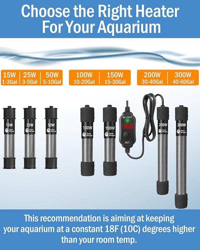 AquaMiracle Aquarium Heater 15W Fish Tank Heater for 1-3 Gal Tanks, LED Digital Display Thermostat Turtle Heater with Out-of-Water Auto Shut-Off, Overheat Protection & Memory Function