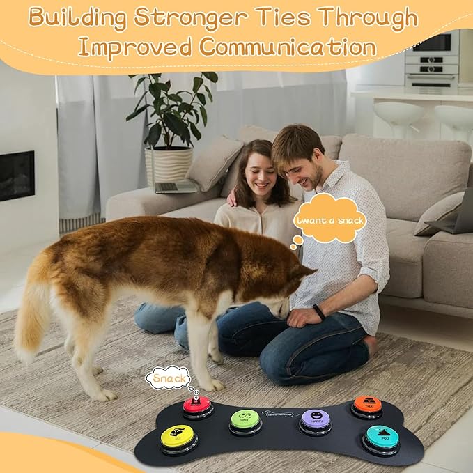 RIBOSY Dog Speech Training Buzzer Set, 6 Recordable Buttons with Non-Slip Rubber Mat and 50 Stickers - Record& Playback Your Own Voice to Train Your Dog Voice What They Need (Battery Included)