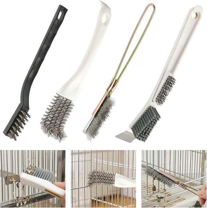 Bird Cage Cleaning Brush Kit, 4-Piece Multi Function Bird Perch Set, Includes Perch Brush, Mesh Brush and 3-in-1 Wire Brush, Bird Poop Remover Cleaning Tools Accessories for Small,Medium,Large,Tall