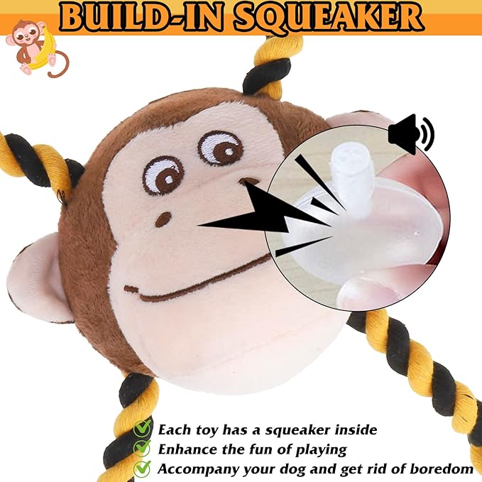 PUPTECK Funny Dog Squeaky Chew Toys - 3 PCS Cute Monkey Plush Stuffed Toys for Puppy Pet Tugging Playing