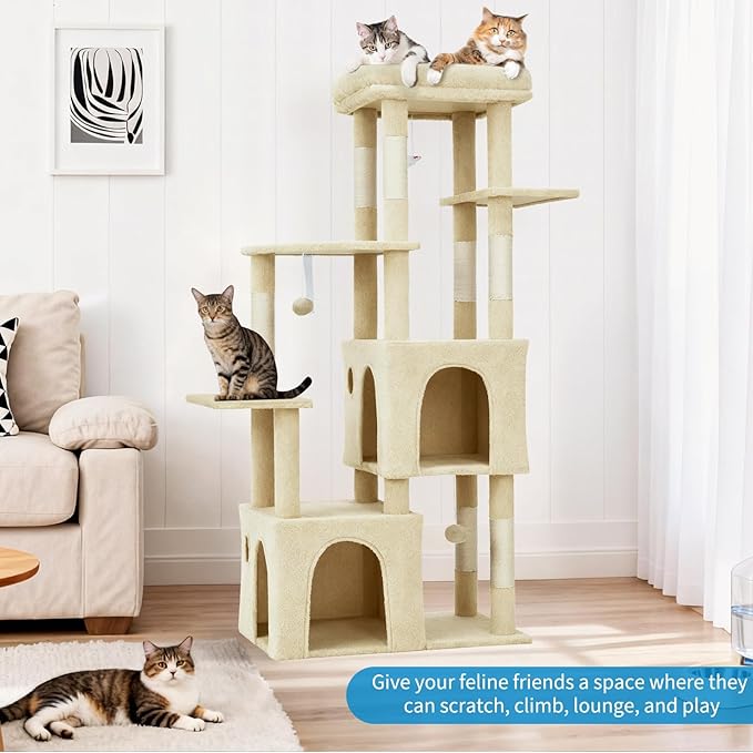 GarveeLife 61" Multi-Level Cat Tree for Indoor Cats, Heavy-Duty Tower for Large Adult & Maine Coon Cats with Oversized Perch, Dual Condos, Natural Sisal Scratching Posts & Play Toys – Beige
