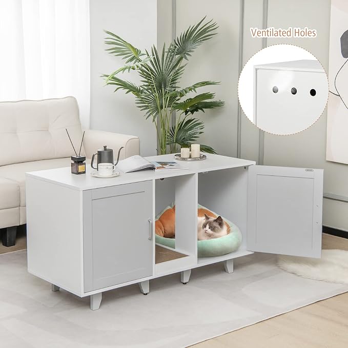 PETSITE Litter Box Enclosure for 2 Litter Boxes, Hidden Cat Washroom TV Stand End Table with 2 Cabinet, Scratching Board, Indoor Cat Litter Furniture Grey