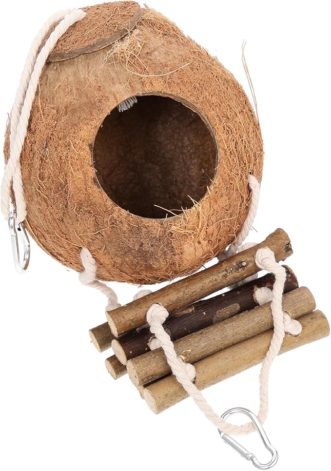 Mobestech Hanging Coconut Shell Hideout Shelter for Leopard Gecko and Small Pets, Decorative Wear-Resistant Nest with Fur Lining, Hamster and Bird Cage Accessory for Reptile Habitat