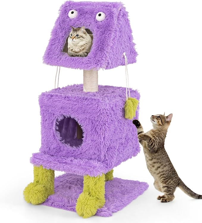 PETSITE 44 inch Monster-Themed Cute Cat Tree, Modern Cat Tree Tower with 2 Cat Condos, Sisal Scratching Post and Hanging Sound-Making Toys for Indoor Cats