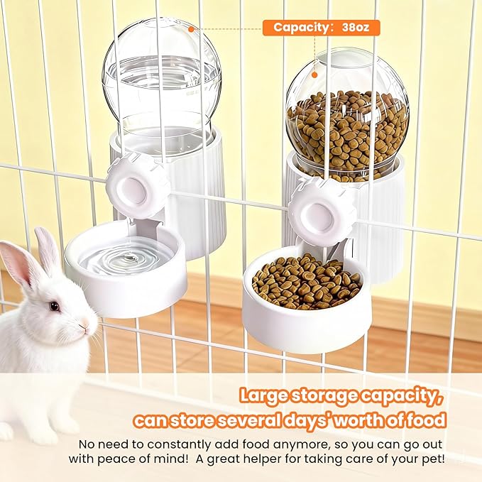 38oz Hanging Automatic Food Water Dispenser, Large Capacity Gravity Rabbit Water Dispenser and Feeder Set, for Bunny Guinea Pig Chinchilla Ferret Cage Accessories (White)