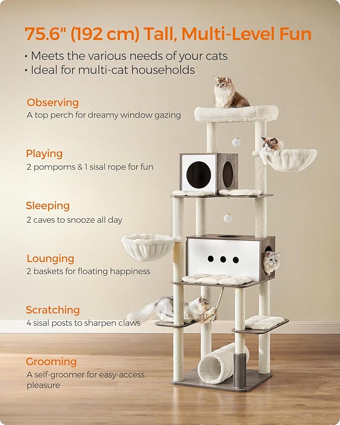 Feandrea Cat Tree, 75.6-Inch Modern Cat Tower, Tall Multi-Level Condo with 2 Caves, 2 Hammocks, 4 Scratching Posts, Self-Groomer, Tunnel, Perch, Heather Greige UPCT193G01