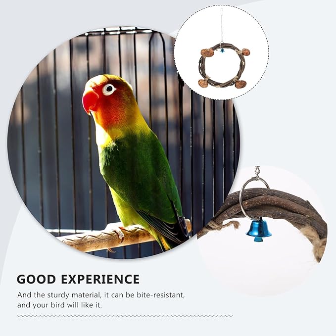 Beaupretty Parrot Hanging Hammock Ring Bell, 20cm Rattan Climbing Swing Bed for Parakeet Birdcage, Includes 4 Nut Accessories for Bird Training and Play