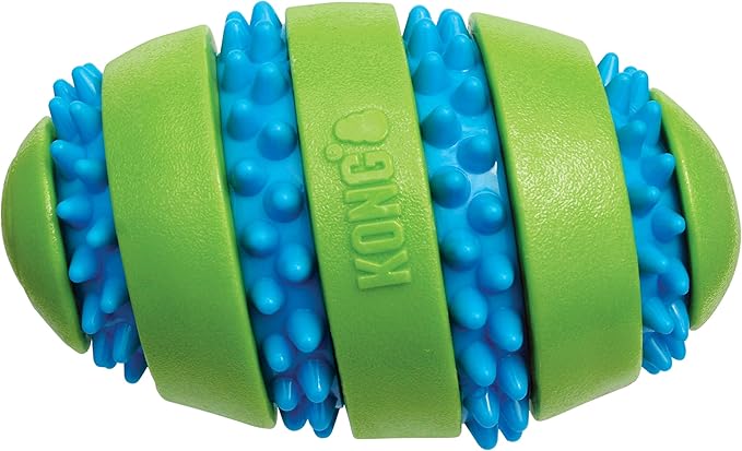 KONG Goomz Dog Toy – Durable Squeaky Chew Ball for Dental Health, Teeth & Gums Massage, Indoor/Outdoor Fetch Play (Football/Ball Combo)