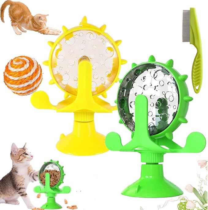 Food Spinning Windmill, Windmill Dog Treat Dispenser, 360°Rotating Treat Dispenser Toy with Suction Cup, Fun Multi Layer Rotating Turntable for Pet Toys (Yellow+Green)