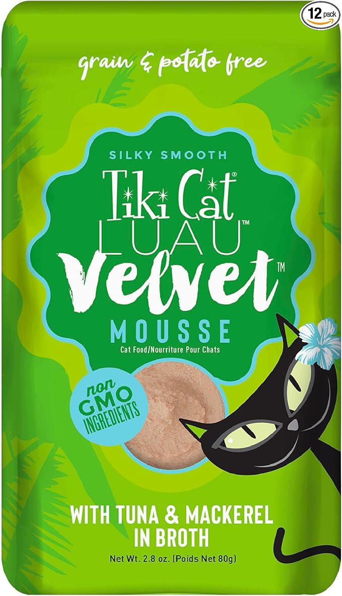 Tiki Cat Luau Velvet Mousse, Tuna & Mackerel in Broth, Complete Nutrition for Balanced Diet, Wet Cat Food For All Life Stages, 2.8 oz. Pouch (12 Count)