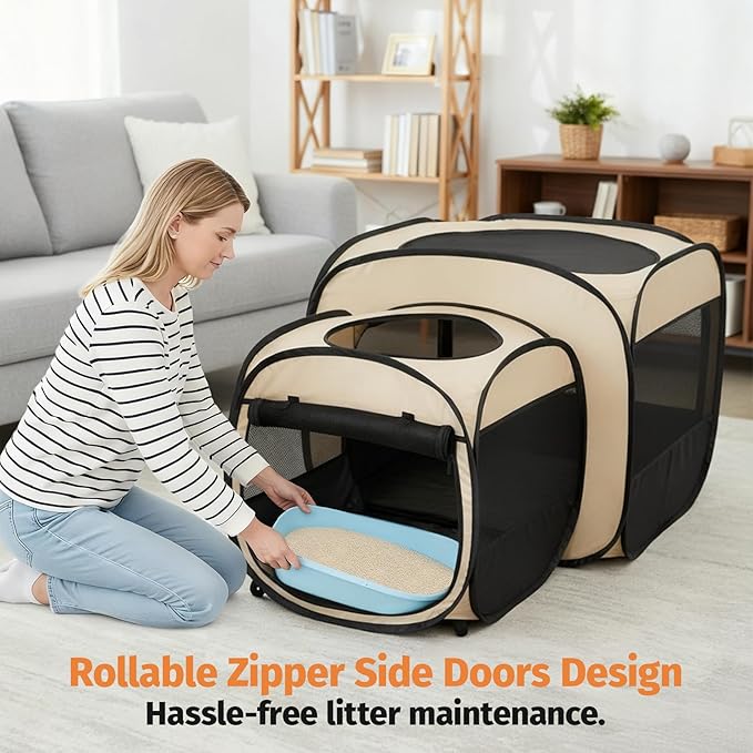 EighteenTek® 2-in-1 Portable Cat Playpen(End Doors), Pop up Kitten Playpen, Assembly-Free, Pet Tent Crates Kennel Cage Enclosure for Dog Puppy Indoor Outdoor(Beige)(No Divider, Unified Space)