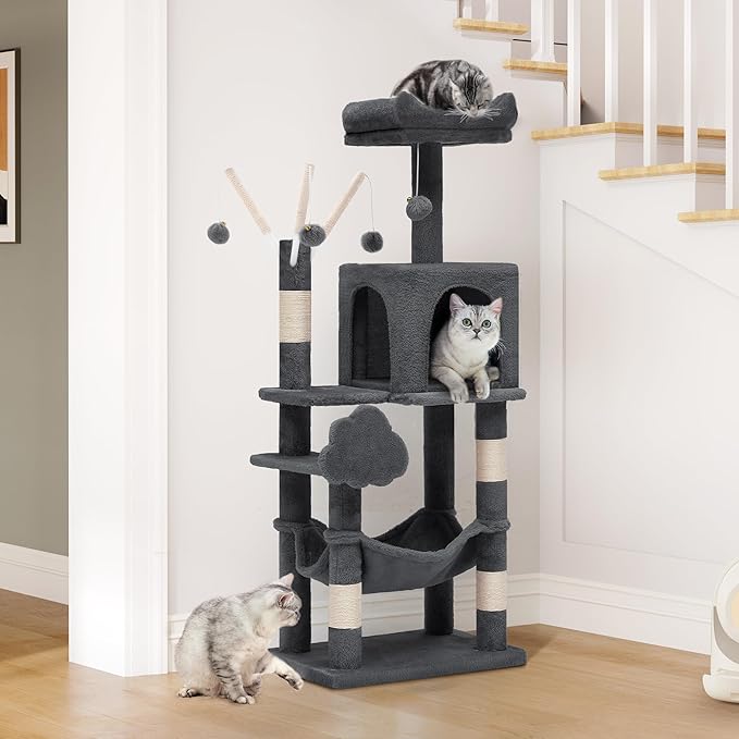 YITAHOME 44in Multi-Level Cat Tree for Indoor Kittens, Cat Furniture with Scratch Posts, Window Padded Plush Perch, Comfortable Hammock, and Interactive Pompoms, Dark Gray