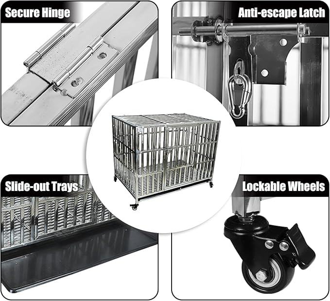 Confote 47 Inch Heavy Duty Dog Crate Metal Cage Kennel, High Anxiety Pet Cage with Lockable Wheels & Double Doors for Small Medium Large Dogs