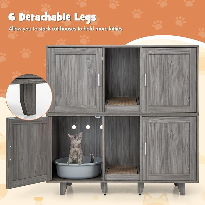 Giantex Cat Litter Box Enclosure - Cat Washroom Hidden Furniture, 2 Storage Cabinets, Removable Cat Scratcher, Air Vents, Detachable Legs, Wood Pet Crate Indoor Cat House TV Stand (Gray)