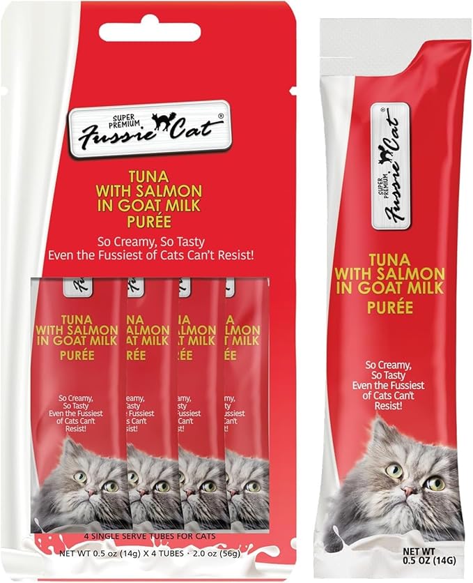 Fussie Cat Premium Puree Lickable Cat Treats in Goat Milk, Tuna Variety Flavor Pack, 3 Packs of 4-0.5oz Tubes,(12 Total Tubes) Variety Tuna Flavor Pack of 3 Flavors + Lid