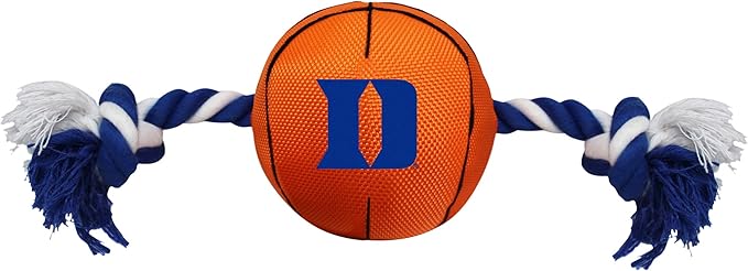 NCAA Duke Blue DEVILSBasketball Rope Toy for Dogs & Cats. Tough Nylon, Sporty Basketball Design, Heavy-Duty Ropes with Inner Squeaker