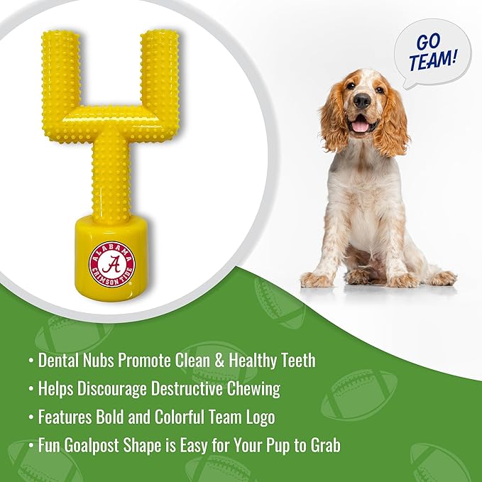 NCAA Alabama Crimson Tide Mega-Chew Hard Nylon Bacon-Flavored Dog Bone Football Goal-Post Chew Toy. Interactive, Tasty & Fun Dog Chew Toy. Indestructible, Strong, Tough & Durable Pet Chew Toys