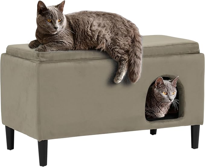 Paws & Purrs 32″ Wide Modern Dual-Purpose Ottoman & Multi-Cat Bed – Stylish 2-in-1 Footstool & Cozy Hideaway for Multiple Cats – Removable Cushioned Top, Hidden Storage, Ash