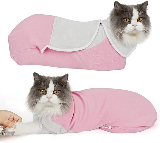 Cat Wrap for Cutting Nails, Self-Adhesive Cat Nail Clipping Restraint Bag, Anti-Scratch Cat Grooming Wrap Swaddle for Meds, SubQ Fluids, Ear Cleaning, Teeth Brushing & Vet Visits,Pink,L
