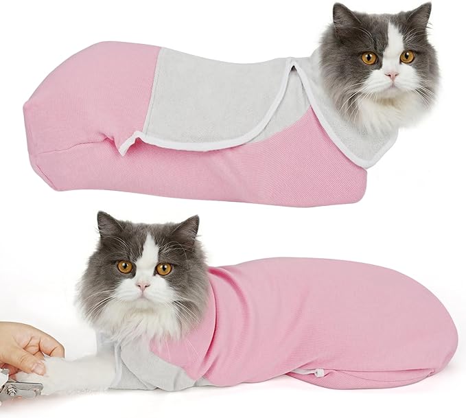Cat Wrap for Cutting Nails, Self-Adhesive Cat Nail Clipping Restraint Bag, Anti-Scratch Cat Grooming Wrap Swaddle for Meds, SubQ Fluids, Ear Cleaning, Teeth Brushing & Vet Visits,Pink,S
