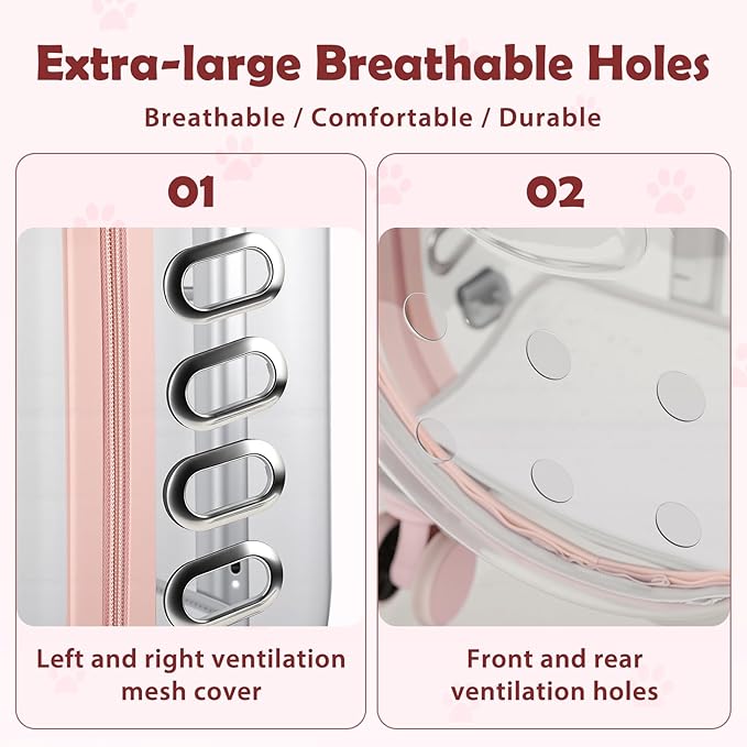 Cat Carrier Backpack with Silent Wheels, Clear Cat Stroller with Ventilation Holes, Telescopic Handle, Convenient Portable Cats Dogs Backpack for Travel (Light Pink-B)