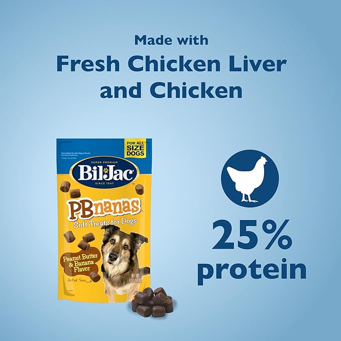 Bil-Jac PB-Nanas Soft Treats for Dogs, Peanut Butter Banana Flavor, Made with Real Chicken Liver, 4oz (4-Pack)
