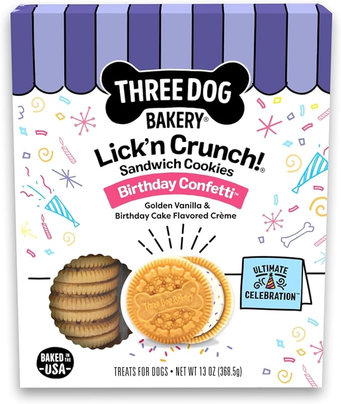 Three Dog Bakery Birthday Confetti Lick’n Crunch Dog Treats, Vanilla Sandwich Cookies with Cake-Flavored Crème Filling & Sprinkles, Oven-Baked Birthday Dog Cookies for Everyday Celebrations, 13 oz