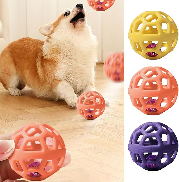 Dog Chew Toys with Bell Sound, 3 Rubber Bouncy Ball for Medium/Large Dogs, Interactive Fetch Ball Teeth Cleaning&Training, Hollow Design with Internal Bells (Yellow)