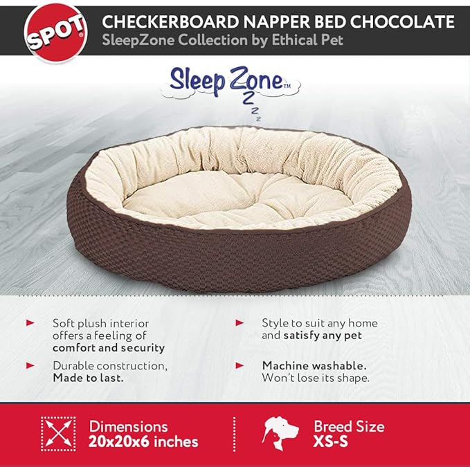 SPOT Sleep Zone Checkerboard Napper Pet Bed 20x20 / Chocolate - Pet Bed for Cats and Small Dogs - Attractive, Durable, Comfortable, Washable