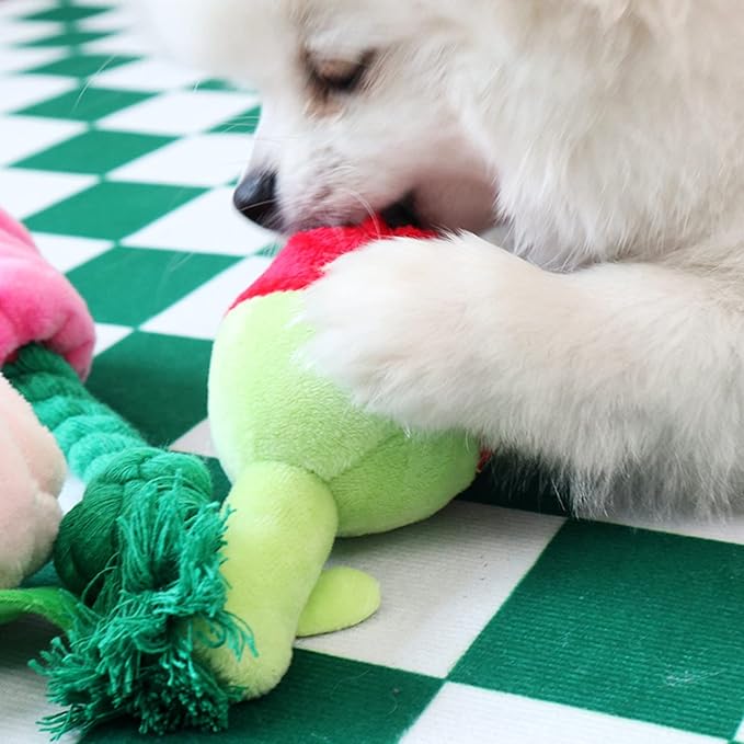 Interactive Stuffed Dog Chew Toy for Small and Medium Dogs Plush Squeak Toy Rose Flower Reducing Boredom & Anxiety