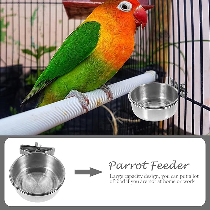 Abaodam 3pcs Stainless Steel Parrot Food Bowls with Water Cups, Small 10cm Feeding Basin Set for Bird Cage, Cockatiels Feeder and Bird Water Holder Accessory