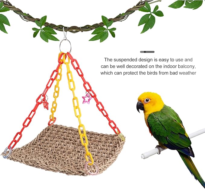 Mikikit Parrot Chewing Toy Swing Hammock for Birds Natural Straw Rope Bird Cage Accessory Climbing Play Bed for Parakeets Lovebirds and Cockatiels Space-Saving Design