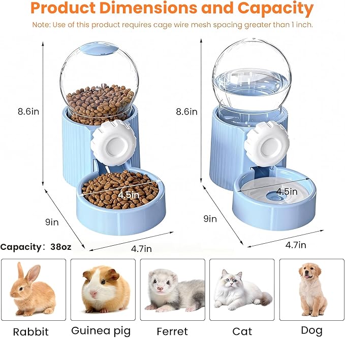 38oz Hanging Automatic Food Water Dispenser, Large Capacity Gravity Rabbit Water Dispenser and Feeder Set, for Bunny Guinea Pig Chinchilla Ferret Cage Accessories (Blue)