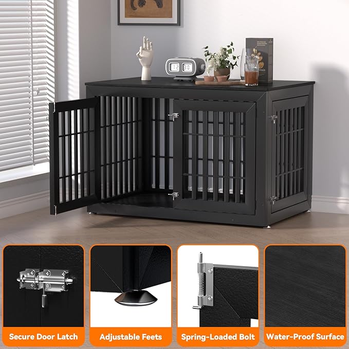 Snuowu 48" Heavy-Duty Dog Crate Furniture for Large Dogs, XXL Wooden Dog Cage Kennel Indoor Furniture, Decorative Pet House End Table, Black
